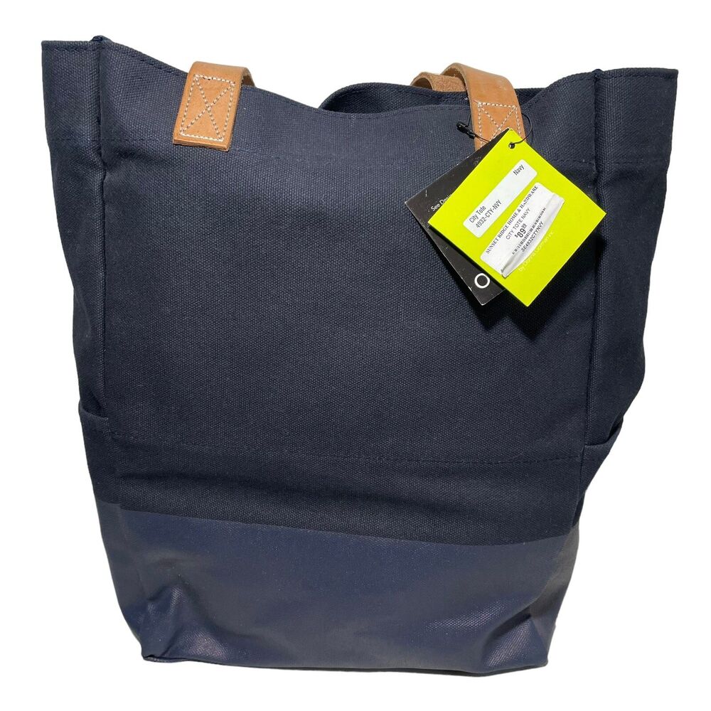 Donna Gorman City Tote Canvas Navy Blue with Leather Handles Outside Pockets